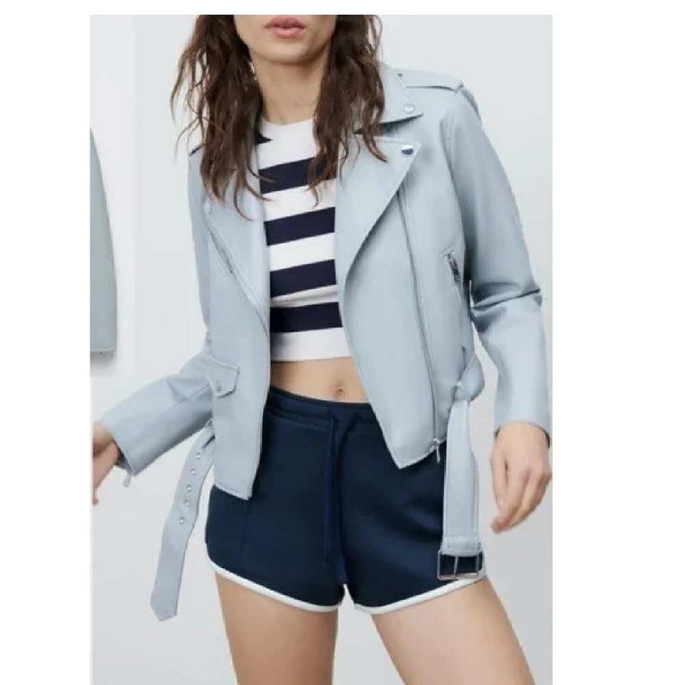 Primark Microfiber Moto Jacket With Belt And Silver Details Powder Blue Size 8